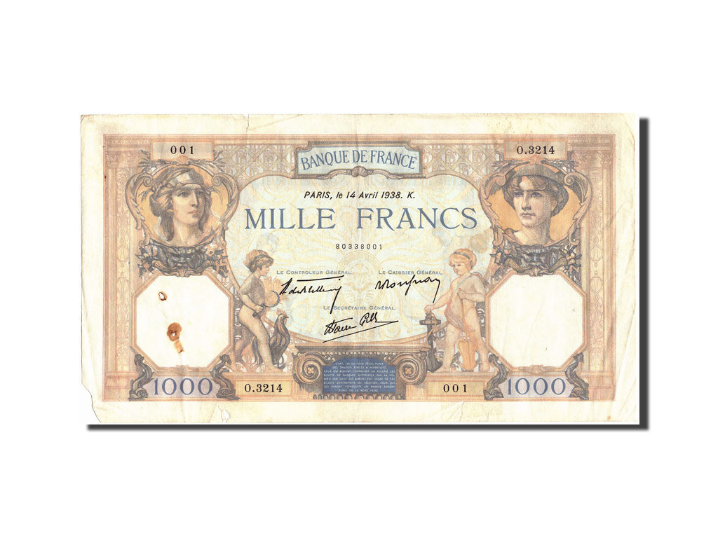 France, 1000 Francs, 1 000 F 1927-1940 ''Cérès et Mercure'', 1938, KM:90c,...