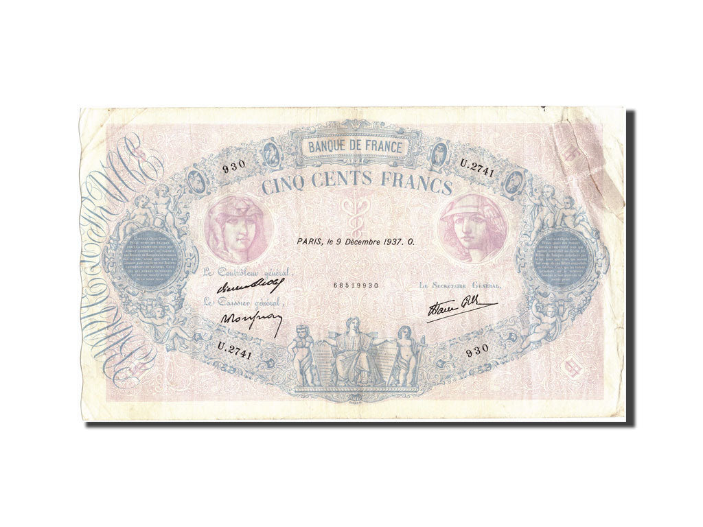 France, 500 Francs, 500 F 1888-1940 ''Bleu et Rose'', 1937, KM:88b, 1937-12-0...