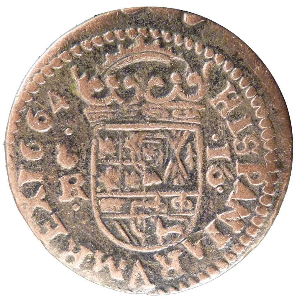 Spain, 16 Maravedis, 1664, Coruna, EF(40-45), Bronze, 4.40