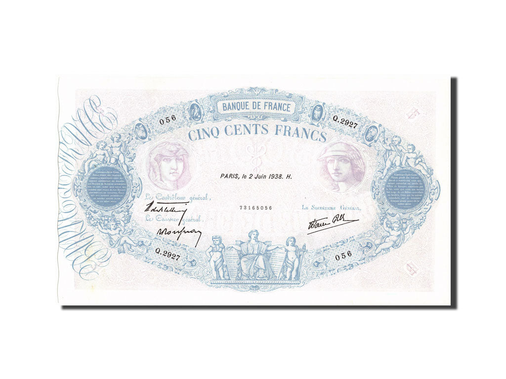 France, 500 Francs, 500 F 1888-1940 ''Bleu et Rose'', 1938, KM:88c, 1938-06-02