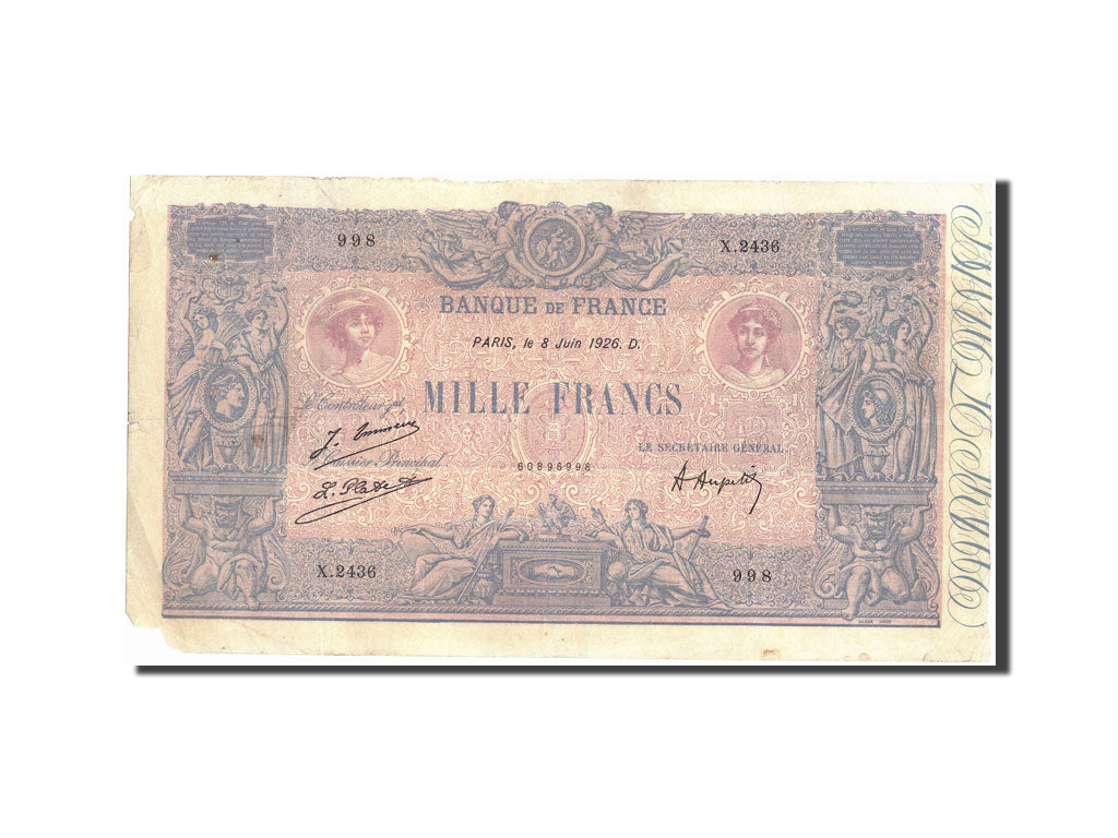 France, 1000 Francs, 1 000 F 1889-1926 ''Bleu et Rose'', 1926, KM:67j