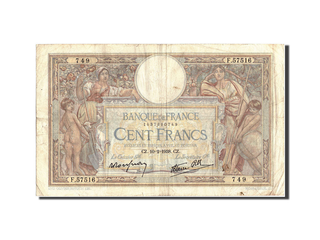 Banknote, France, 100 Francs, 100 F 1908-1939 ''Luc Olivier Merson'', 1938