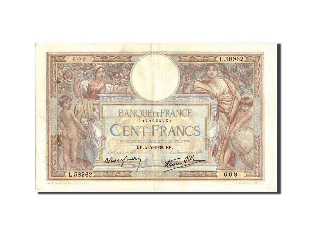Banknote, France, 100 Francs, 100 F 1908-1939 ''Luc Olivier Merson'', 1938