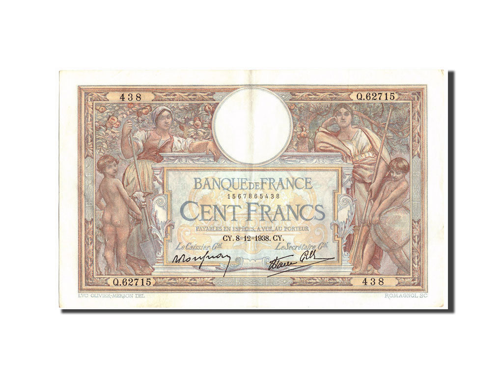 Banknote, France, 100 Francs, 100 F 1908-1939 ''Luc Olivier Merson'', 1938