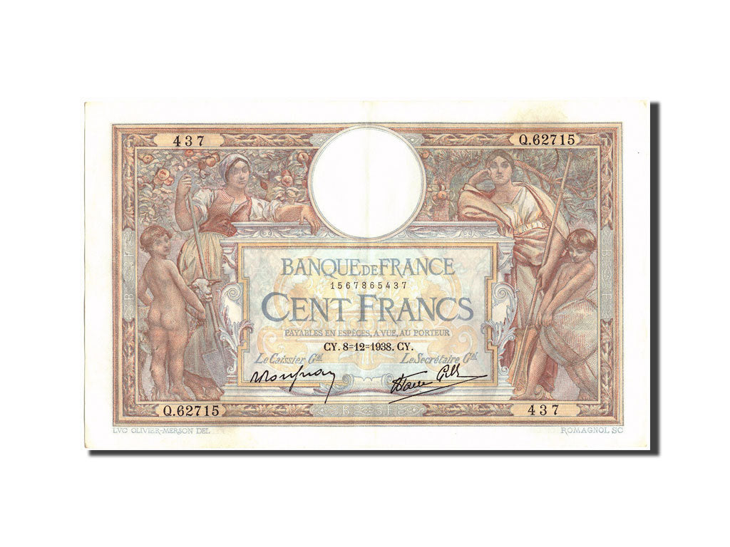 Banknote, France, 100 Francs, 100 F 1908-1939 ''Luc Olivier Merson'', 1938