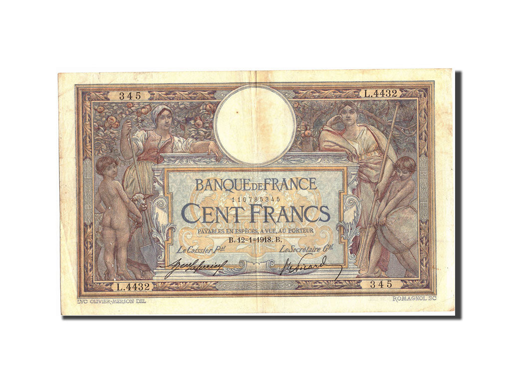 France, 100 Francs, 100 F 1908-1939 ''Luc Olivier Merson'', 1918, 1918-01-12