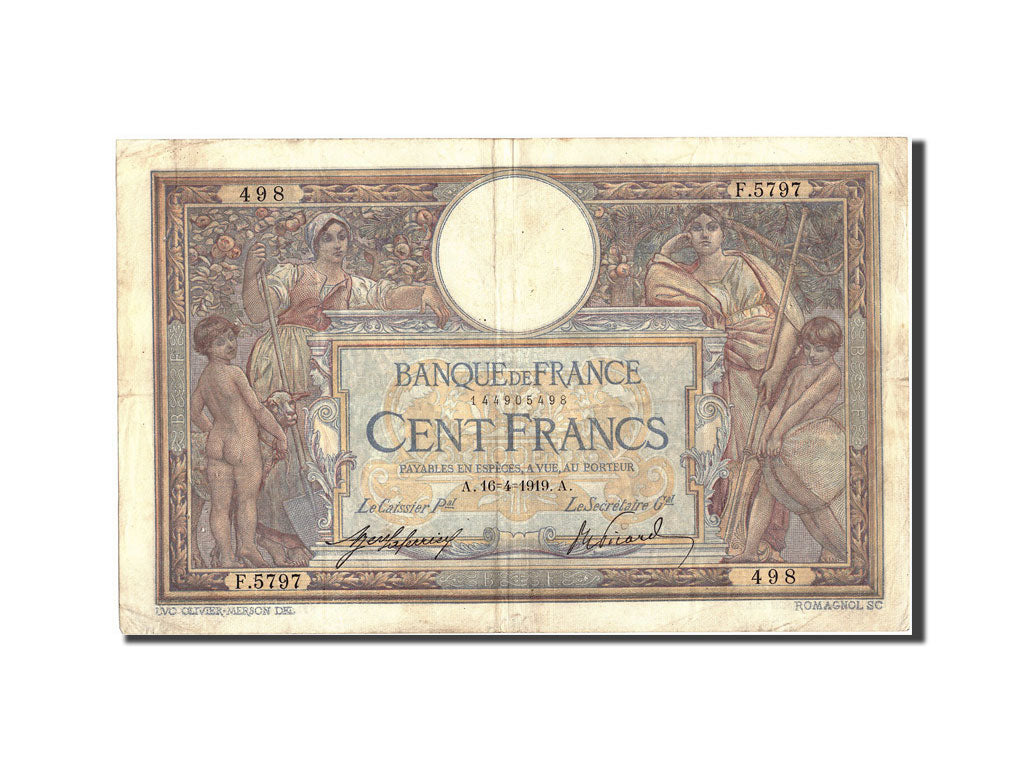 Banknote, France, 100 Francs, 100 F 1908-1939 ''Luc Olivier Merson'', 1919