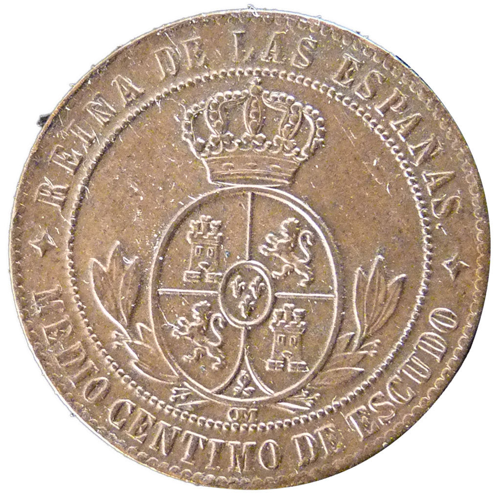 SPAIN, 1/2 Centimo, 1868, KM #632.2, AU(55-58), Copper, 1.30