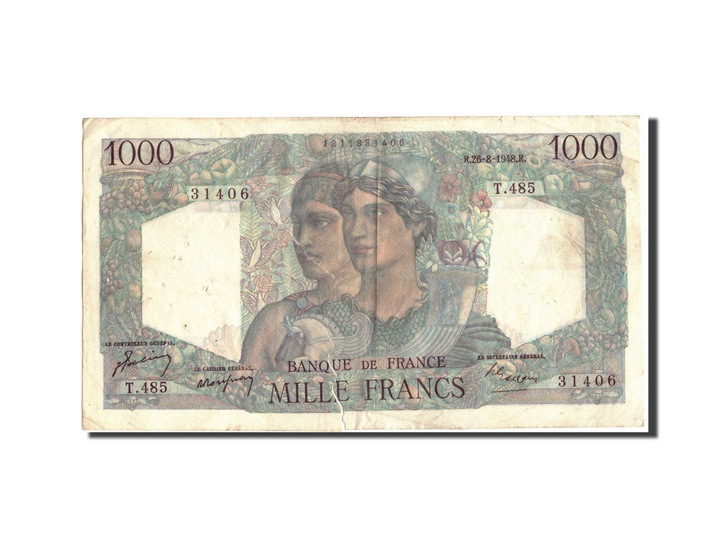France, 1000 Francs, 1 000 F 1945-1950 ''Minerve et Hercule'', 1948, KM:130b