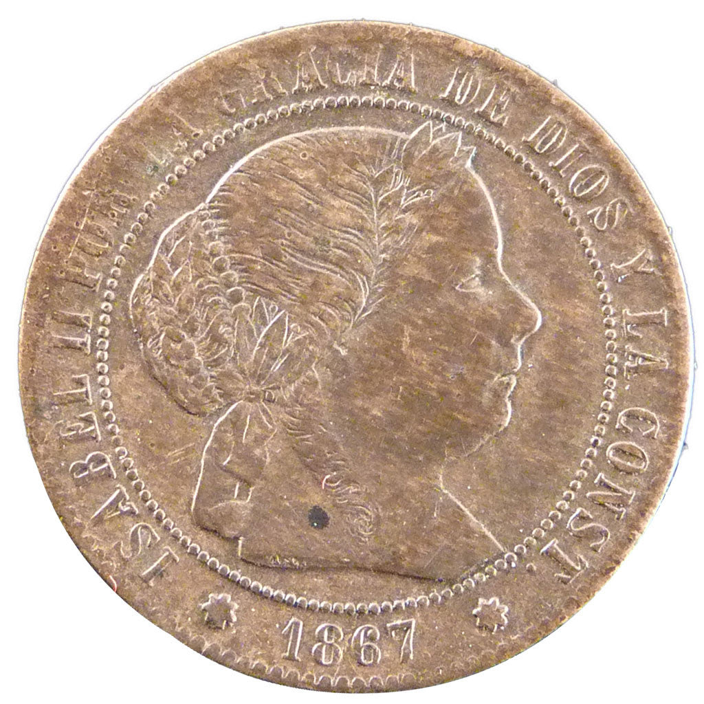SPAIN, 1/2 Centimo, 1867, KM #632.5, EF(40-45), Copper, 1.20