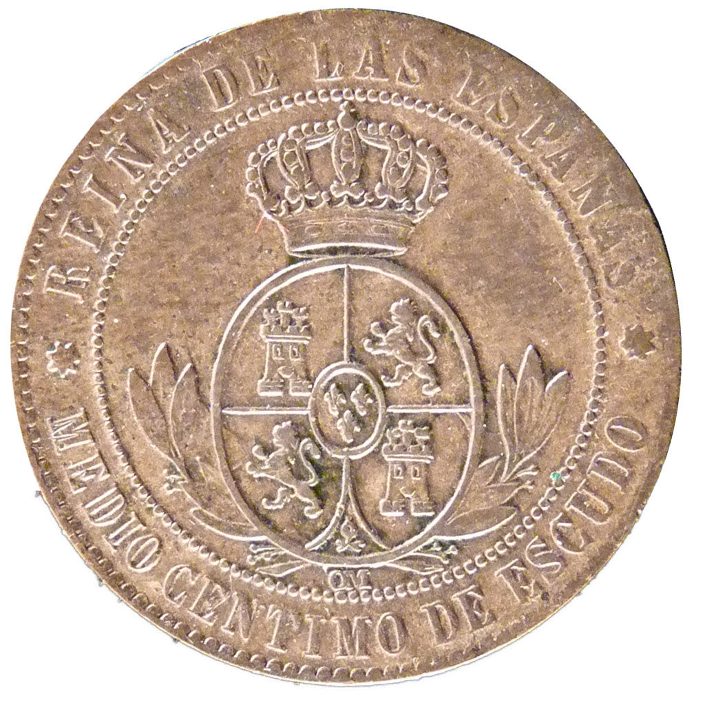 SPAIN, 1/2 Centimo, 1867, KM #632.5, EF(40-45), Copper, 1.20