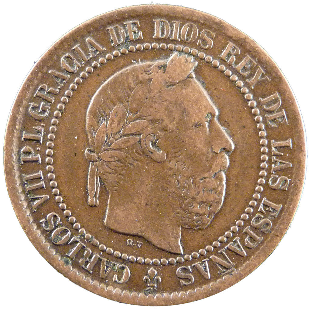 SPAIN, 5 Centimos, 1875, KM #669, EF(40-45), Copper, 4.90