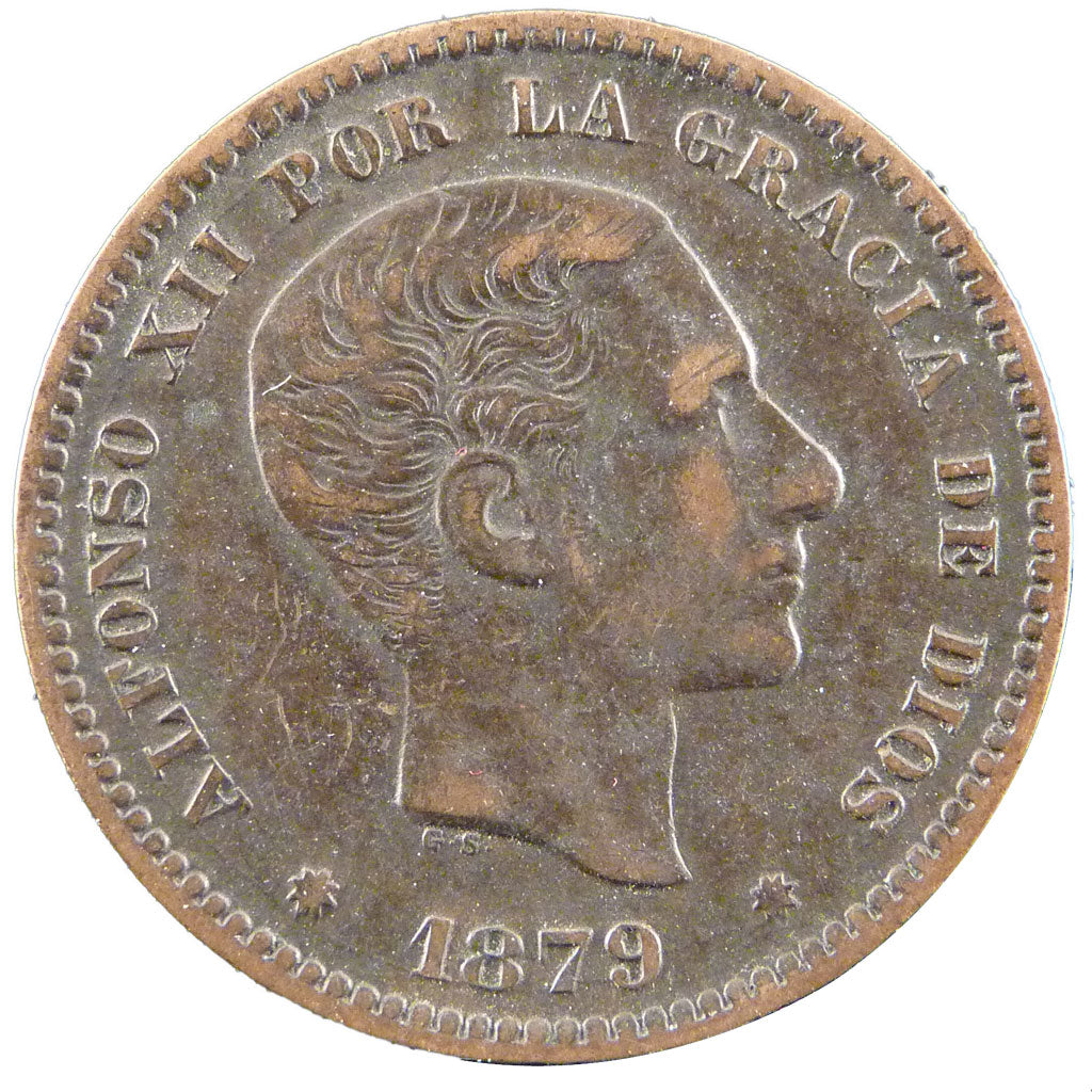 SPAIN, 5 Centimos, 1879, KM #674, EF(40-45), Bronze, 4.90