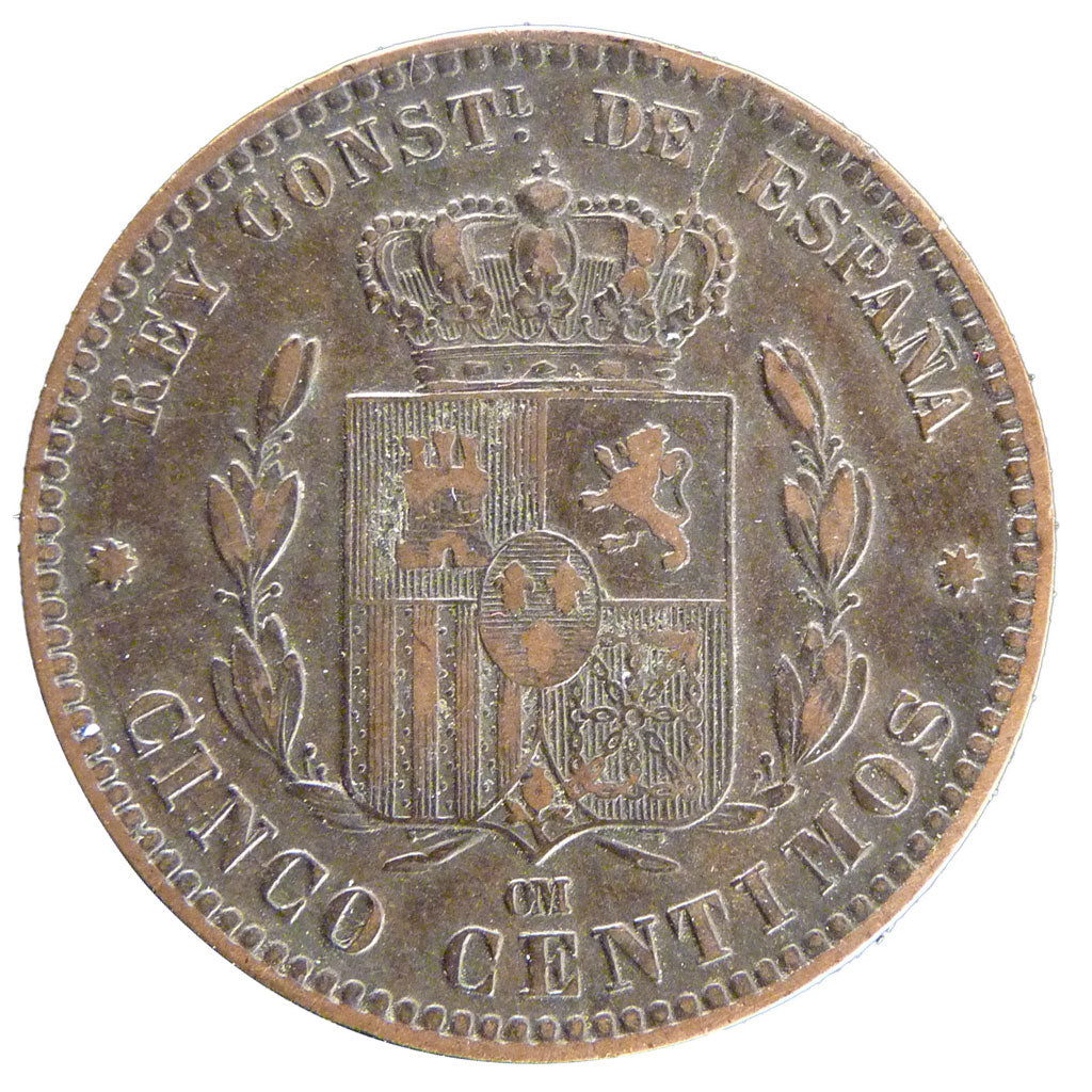 SPAIN, 5 Centimos, 1879, KM #674, EF(40-45), Bronze, 4.90