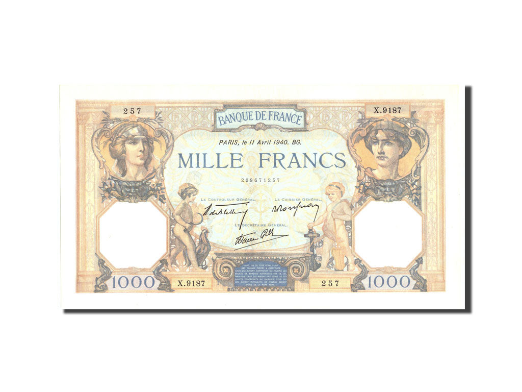 Geldschein, Frankreich, 1000 Francs, 1 000 F 1927-1940 ''Cérès et Mercure''