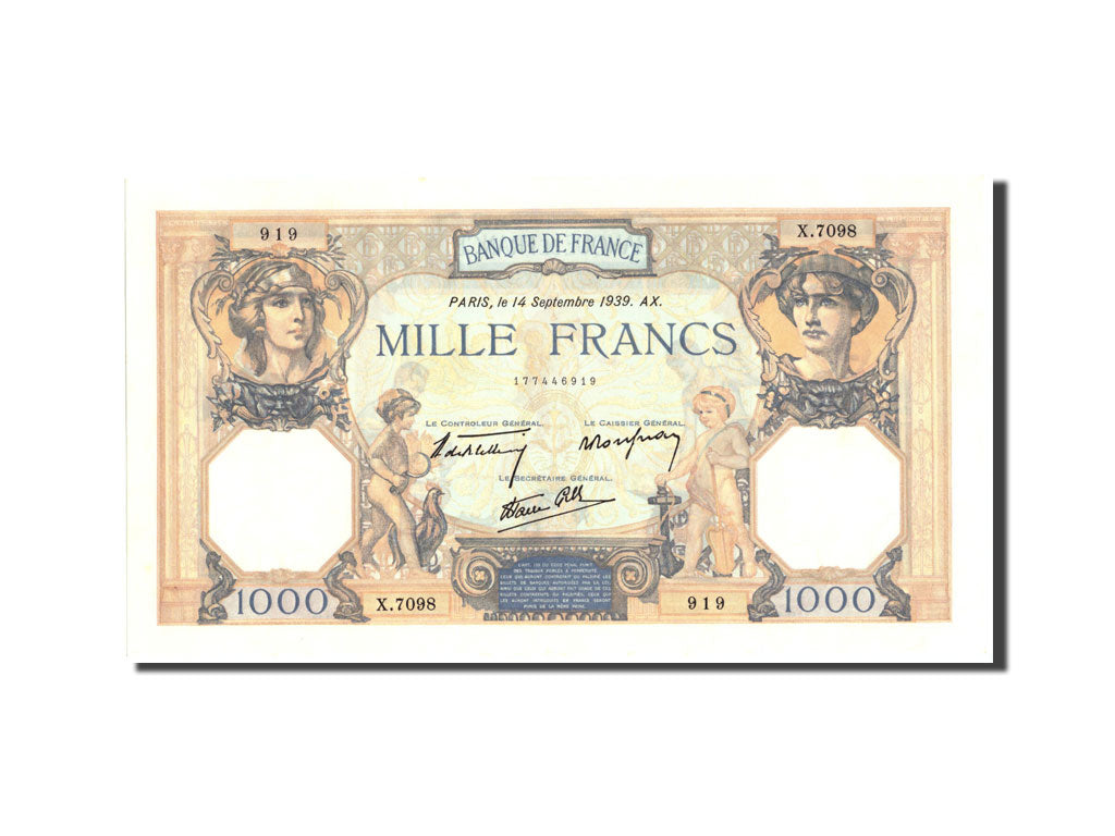 France, 1000 Francs, 1 000 F 1927-1940 ''Cérès et Mercure'', 1939, KM:90c