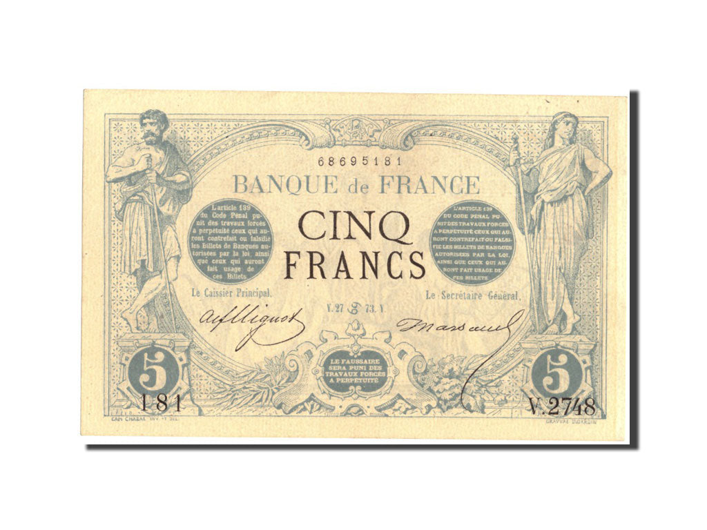 Billete, Francia, 5 Francs, 5 F 1871-1874 ''Noir'', 1873, 1873-06-27, EBC+