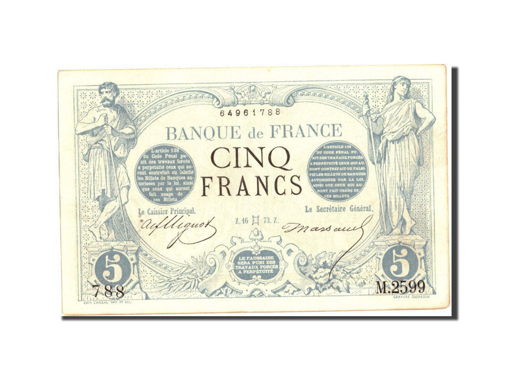 Banknot, Francja, 5 Francs, Noir, 1873, 1873-05-16, AU(50-53), Fayette:1.18