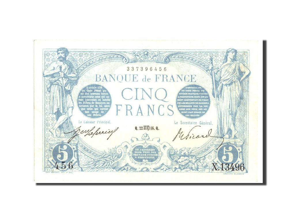 Banknote, France, 5 Francs, 5 F 1912-1917 ''Bleu'', 1916, 1916-08-22