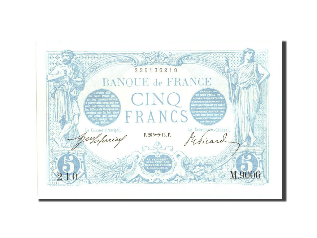 Banknote, France, 5 Francs, 5 F 1912-1917 ''Bleu'', 1915, 1915-11-26