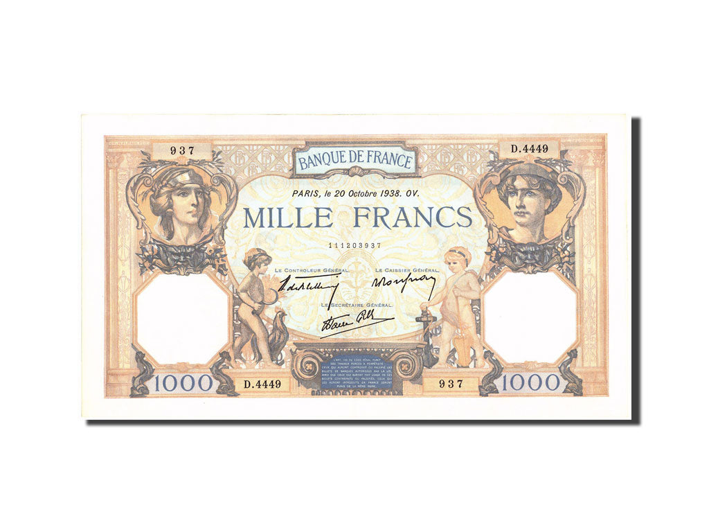 France, 1000 Francs, 1 000 F 1927-1940 ''Cérès et Mercure'', 1938, KM:90c
