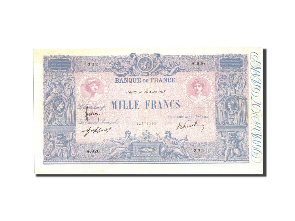 Billete, Francia, 1000 Francs, 1 000 F 1889-1926 ''Bleu et Rose'', 1915