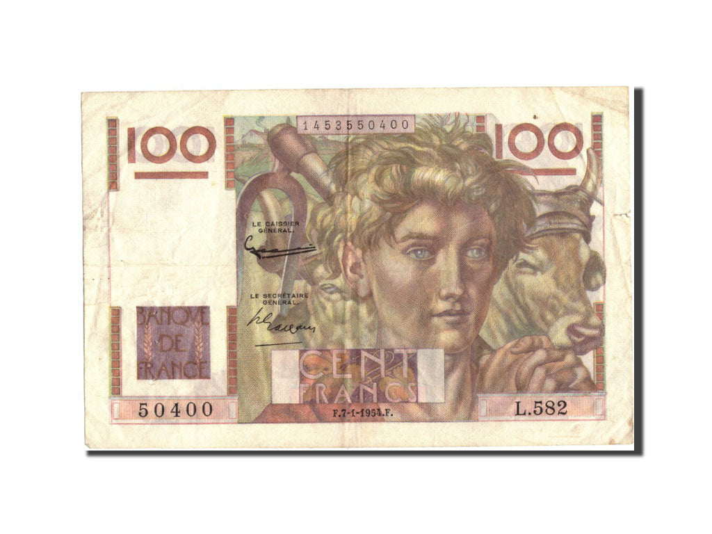 France, 100 Francs, 100 F 1945-1954 ''Jeune Paysan'', 1954, KM:128d, 1954-01-07