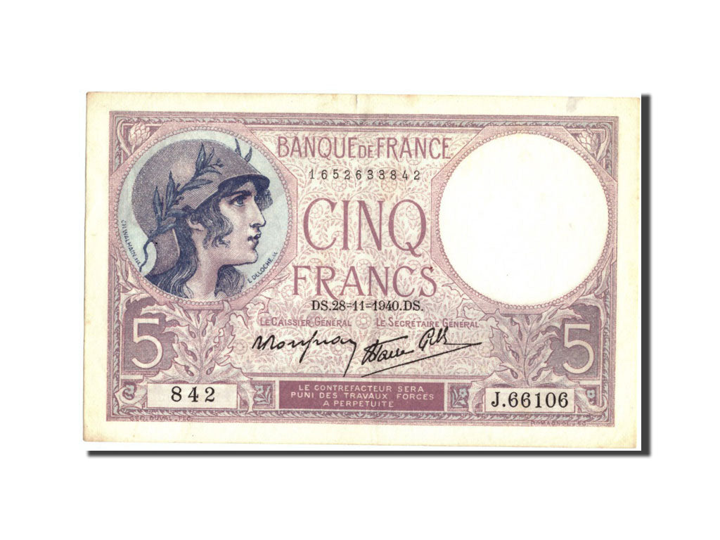 Francia, 5 Francs, 5 F 1917-1940 ''Violet'', 1940, KM:83, 1940-11-28, BB+