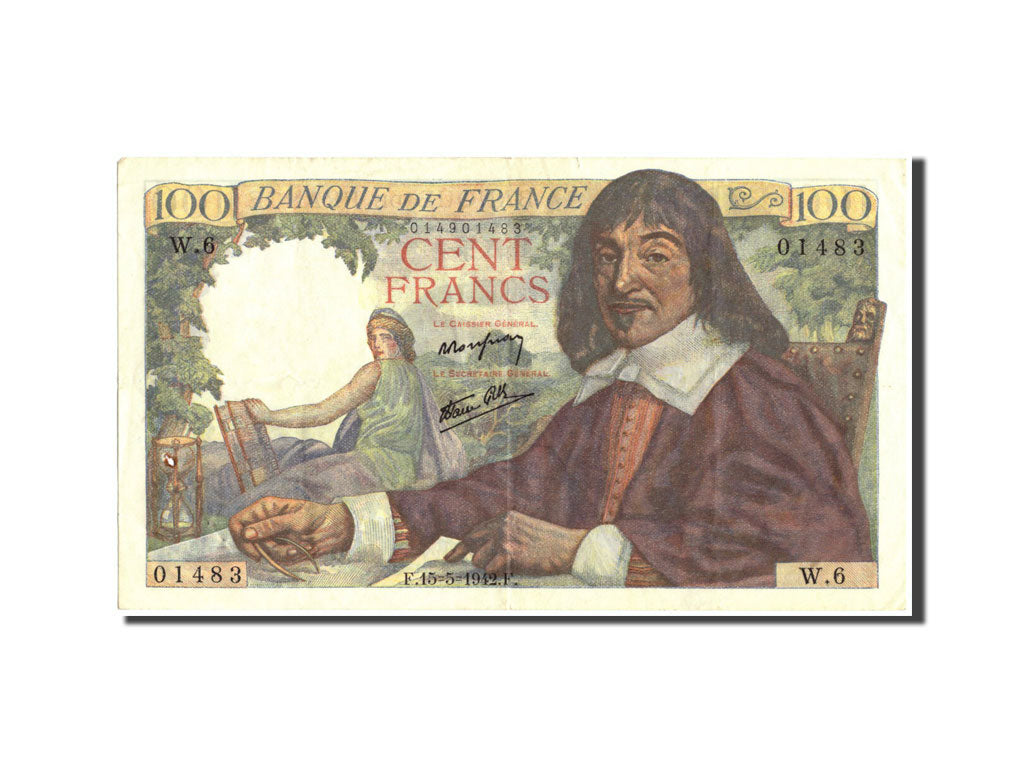 France, 100 Francs, 100 F 1942-1944 ''Descartes'', 1942, KM:101a, 1942-05-15