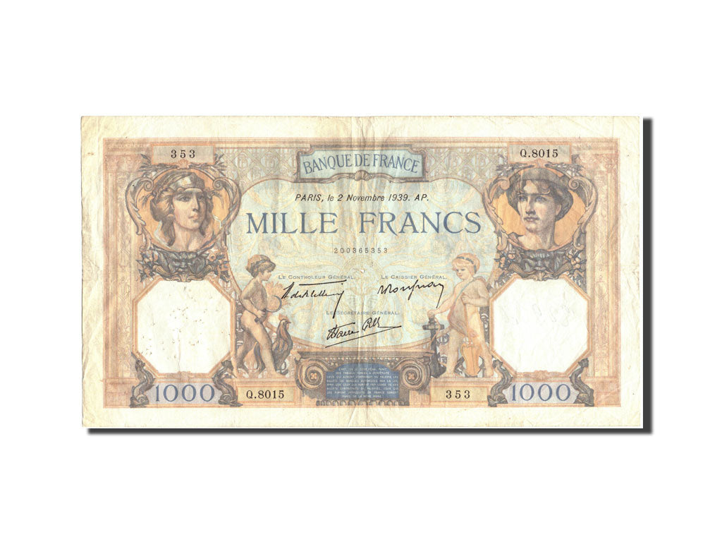 Francia, 1000 Francs, 1 000 F 1927-1940 ''Cérès et Mercure'', 1939, KM:90c