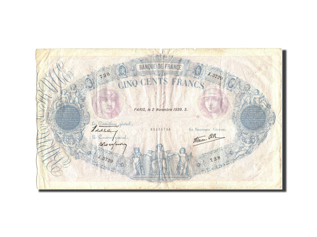 Francia, 500 Francs, 500 F 1888-1940 ''Bleu et Rose'', 1939, KM:88c, 1939-11-02