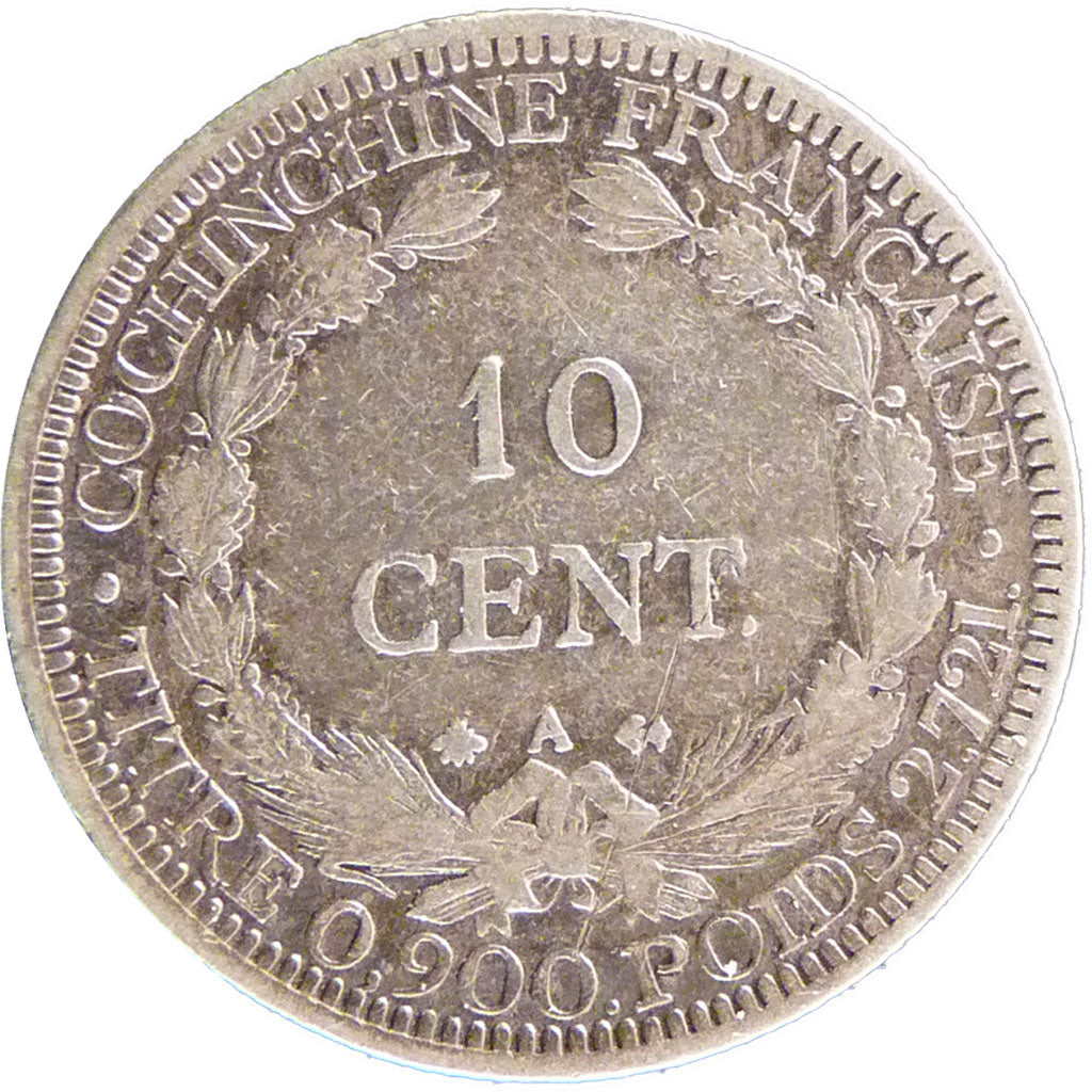 Cochinchine, 10 Cent, 1879, Paris, VF(30-35), Silver, Lecompte #17, 2.90