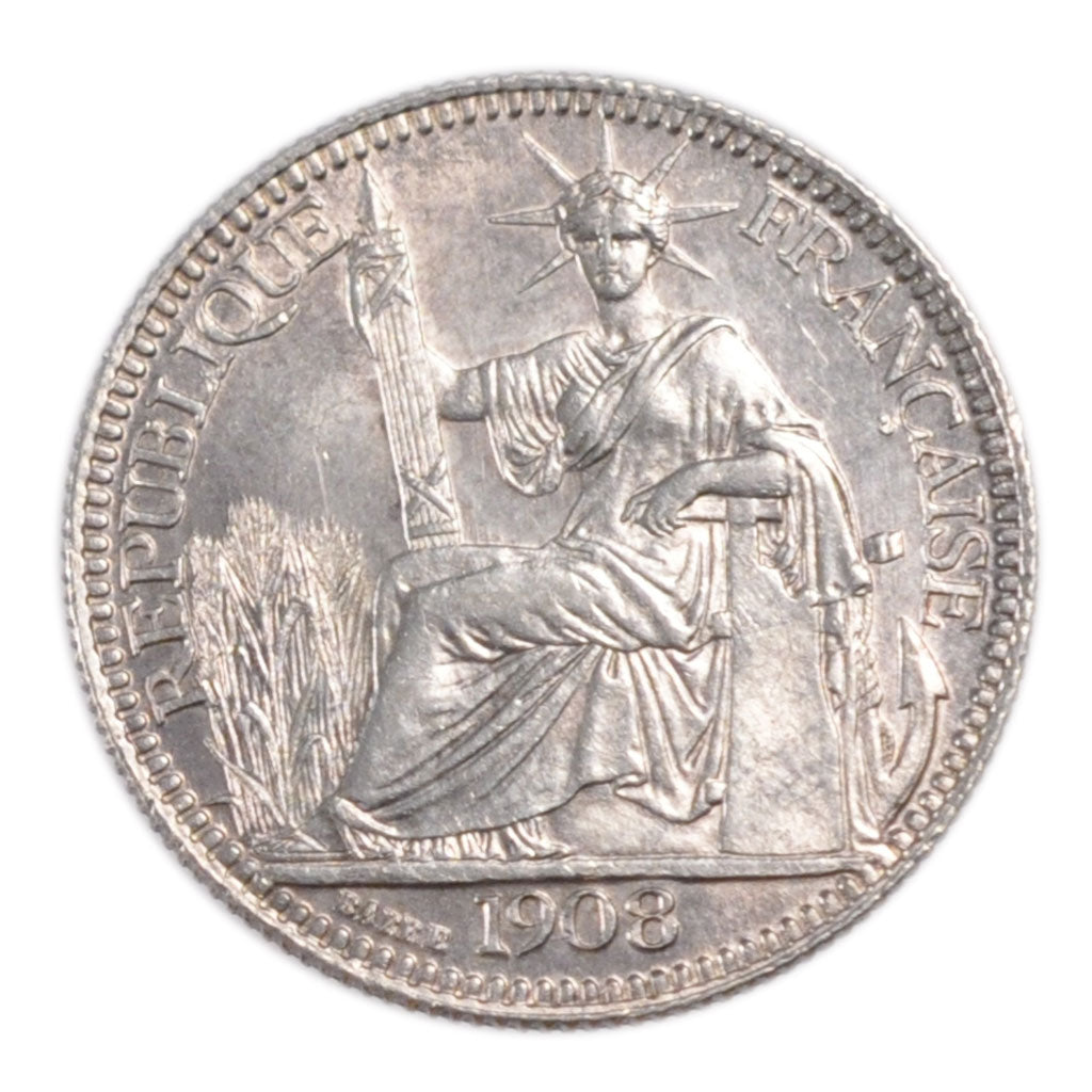 Indochine, 10 Cent, 1908, Paris, MS(60-62), Silver, Lecompte #147, 2.90