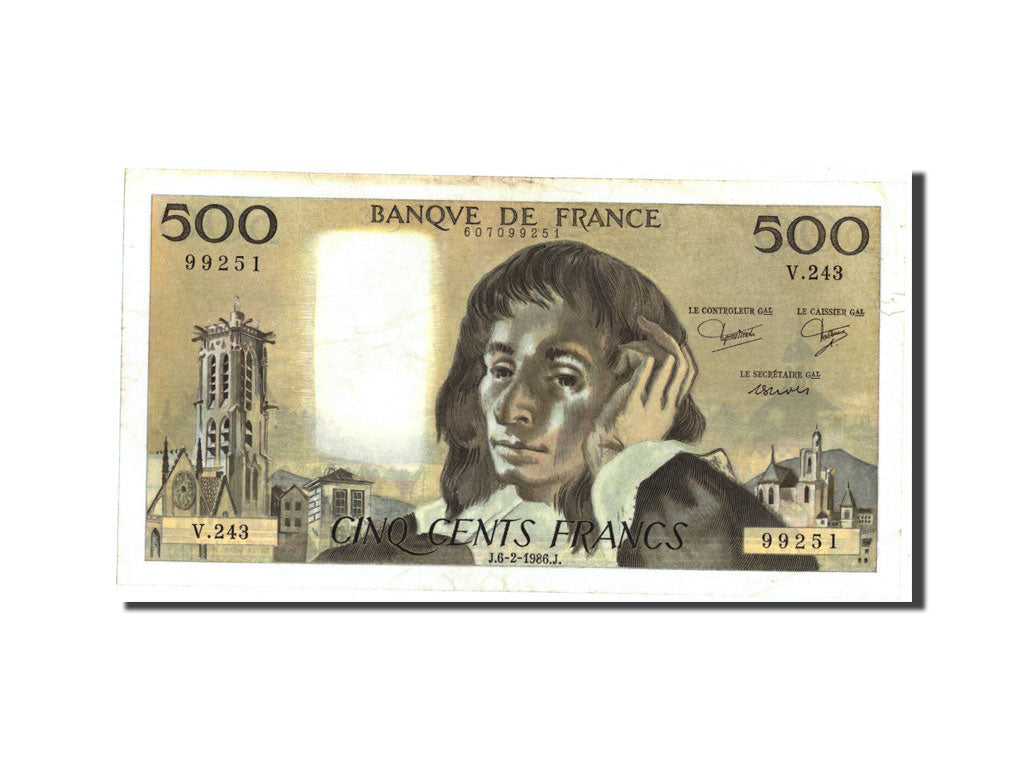 Francia, 500 Francs, 500 F 1968-1993 ''Pascal'', 1986, KM:156e, 1986-02-06, BC+
