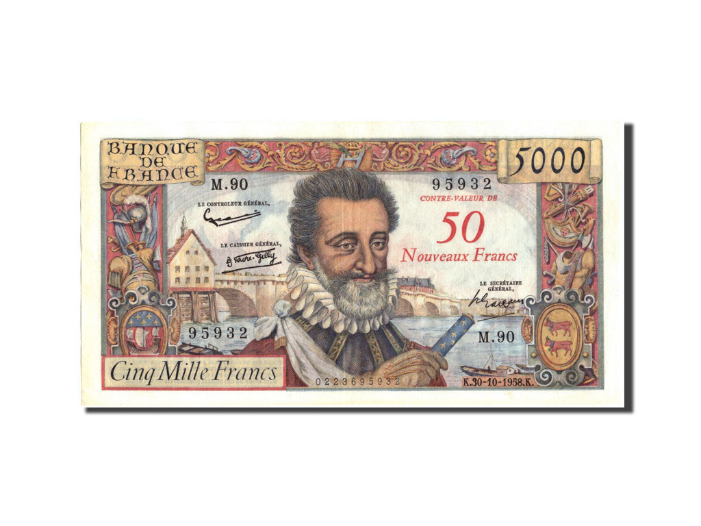 Banknote, France, 50 Nouveaux Francs on 5000 Francs, 1955-1959 Overprinted with