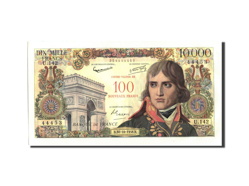 Banknote, France, 100 Nouveaux Francs on 10,000 Francs, 1955-1959 Overprinted