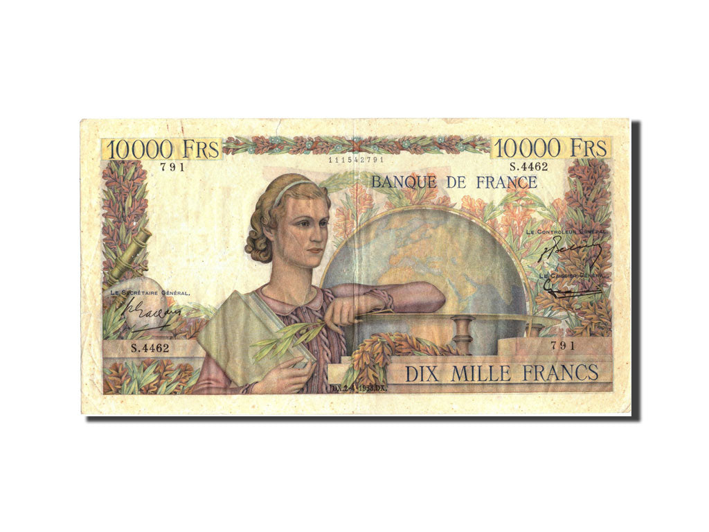Francia, 10,000 Francs, 10 000 F 1945-1956 ''Génie Français'', 1953, KM:132d