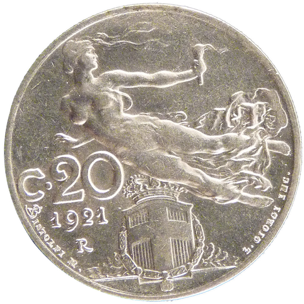ITALY, 20 Centesimi, 1921, Rome, KM #44, AU(55-58), Nickel, 21.5, 4.00
