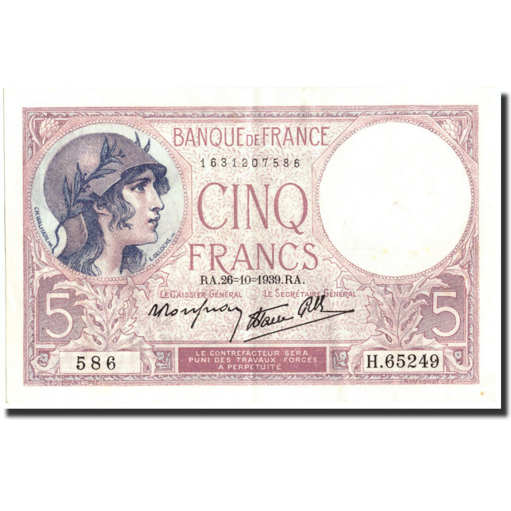 France, 5 Francs, 5 F 1917-1940 ''Violet'', 1939, KM:83, 1939-10-26, AU(50-53)