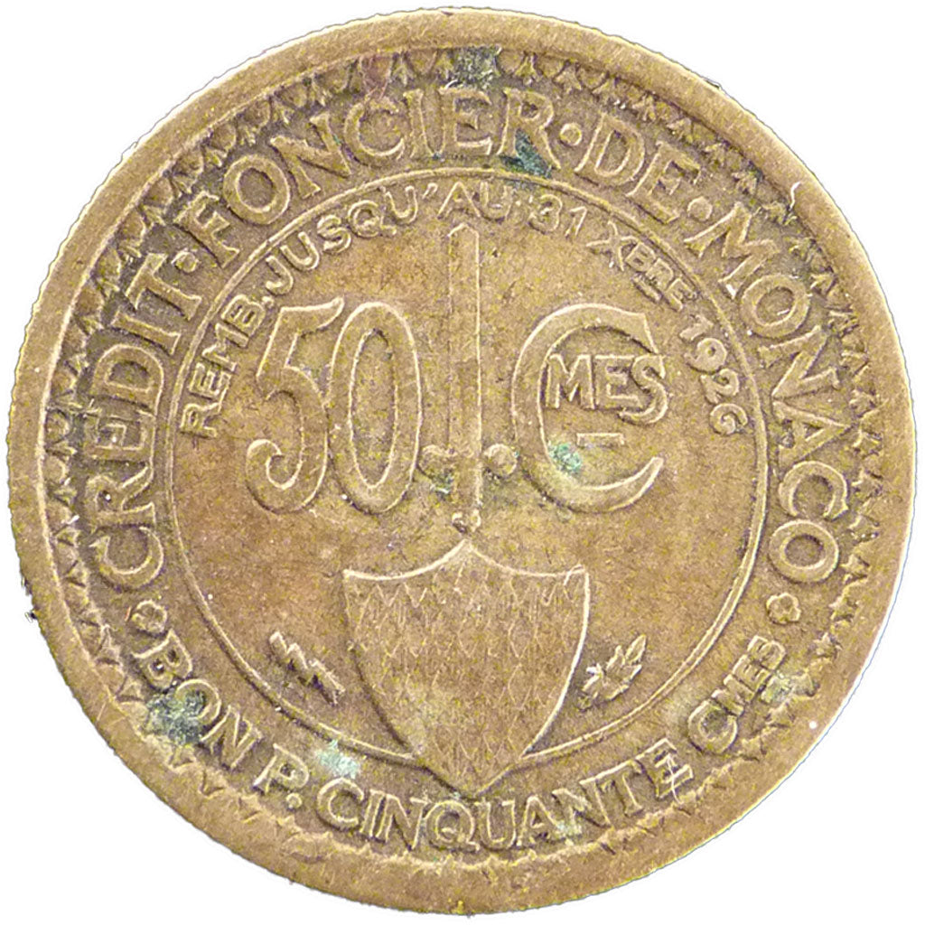 Monaco, 50 Centimes, 1924, Poissy, EF(40-45), Aluminium-Bronze, Gadoury #124,...