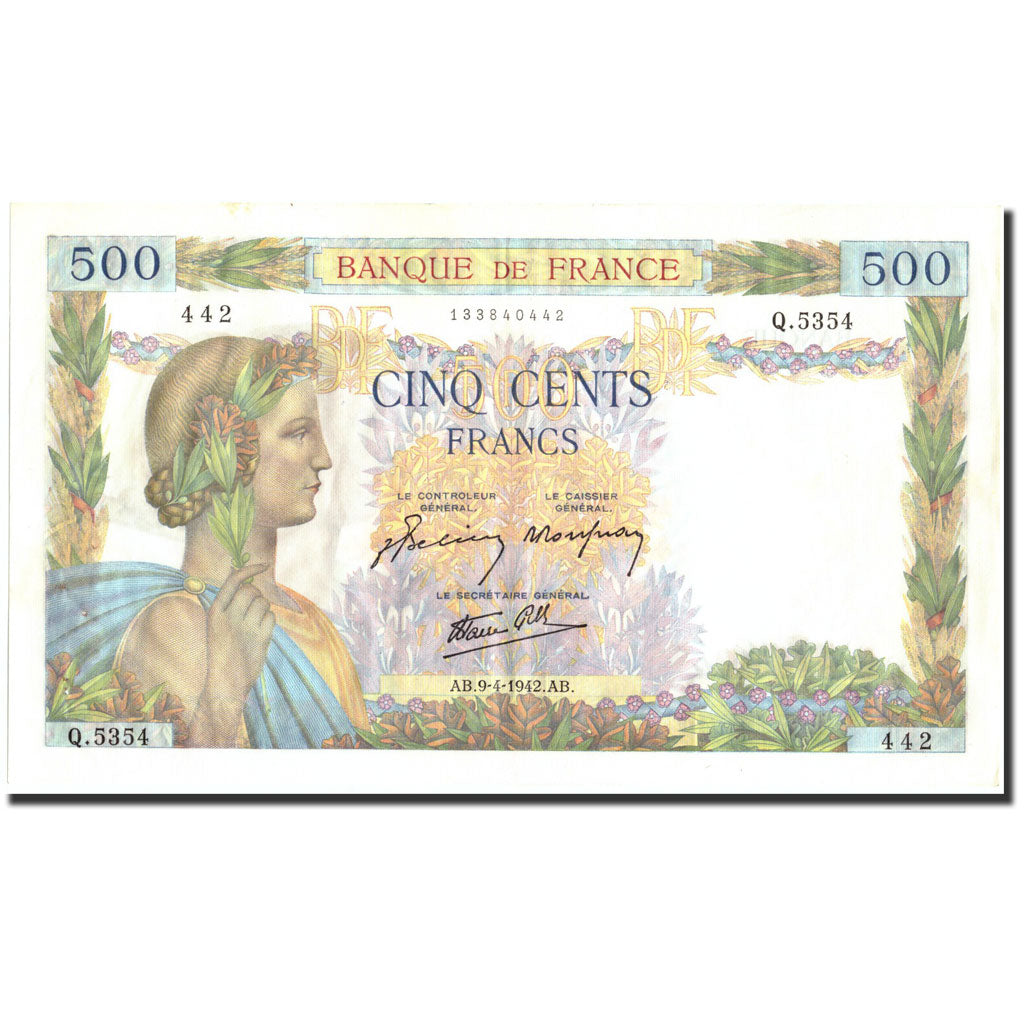 France, 500 Francs, 500 F 1940-1944 ''La Paix'', 1942, 1942-04-09, KM:95b, TTB
