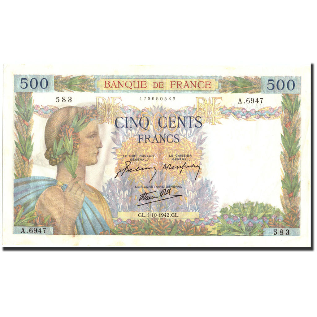 France, 500 Francs, 500 F 1940-1944 ''La Paix'', 1942, KM:95b, 1942-10-01