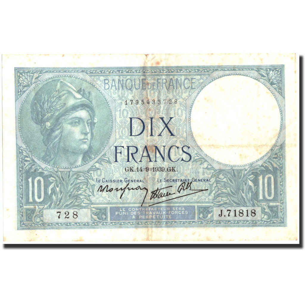 Banknote, France, 10 Francs, 10 F 1916-1942 ''Minerve'', 1939, 1939-09-14