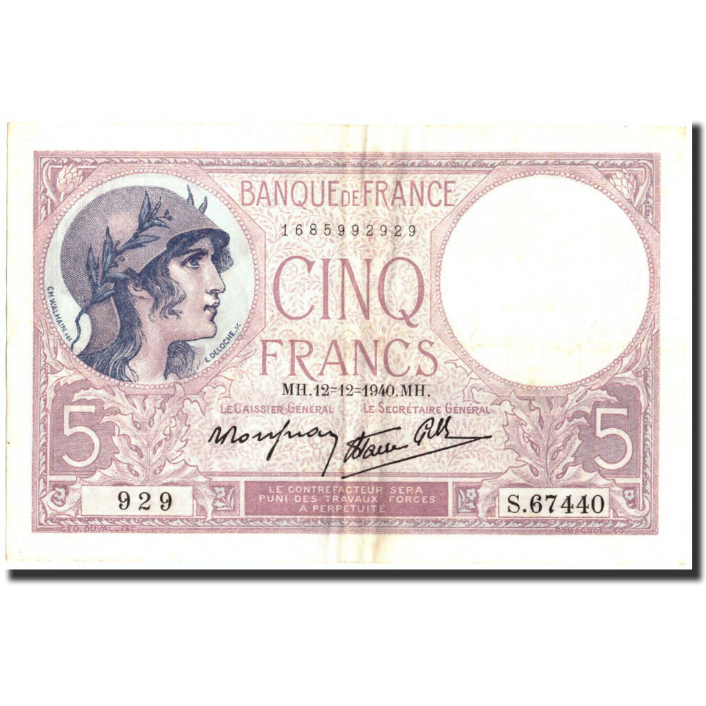 Banknote, France, 5 Francs, 5 F 1917-1940 ''Violet'', 1940, 1940-12-12