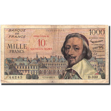 Banknote, France, 10 Nouveaux Francs on 1000 Francs, 1955-1959 Overprinted with