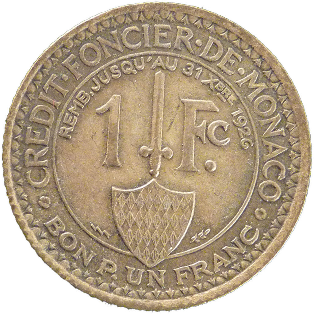 Monaco, 1 Franc, 1924, Poissy, AU(50-53), Aluminium-Bronze, Gadoury #127, 3.90