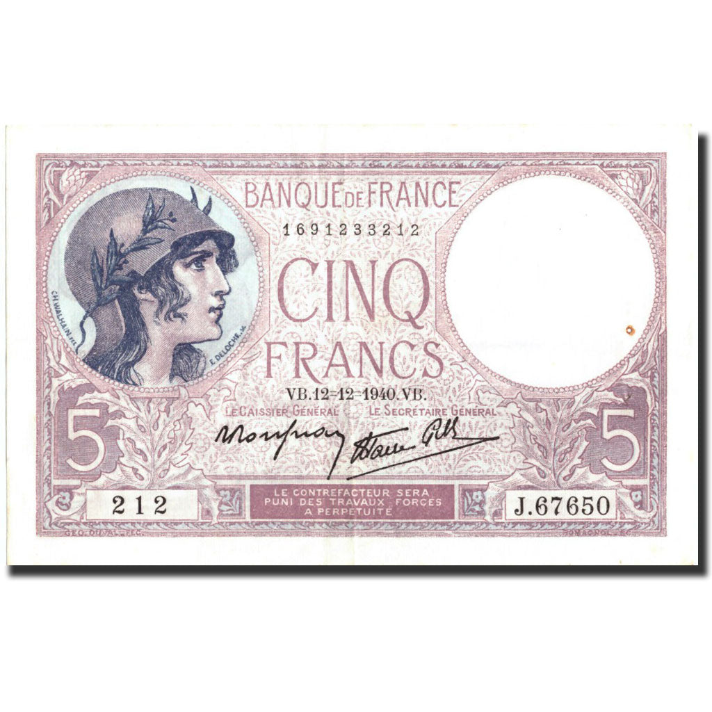 Banknote, France, 5 Francs, 5 F 1917-1940 ''Violet'', 1940, 1940-12-12