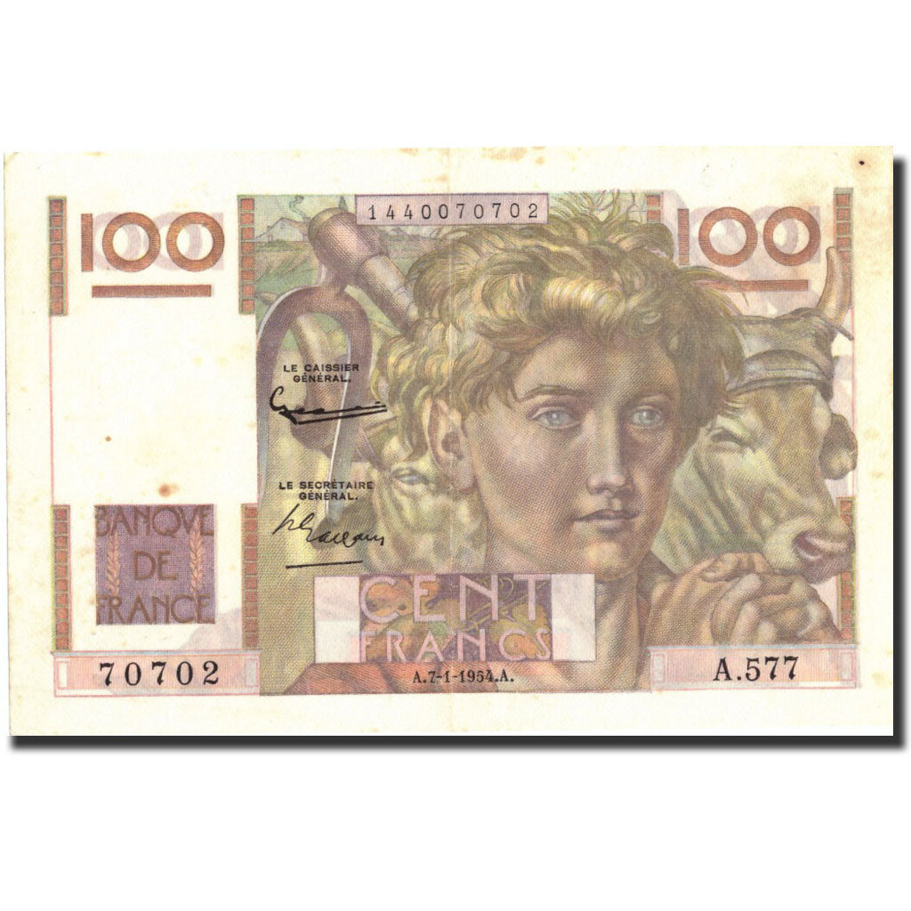 France, 100 Francs, 100 F 1945-1954 ''Jeune Paysan'', 1954, KM:128d, 1954-01-07