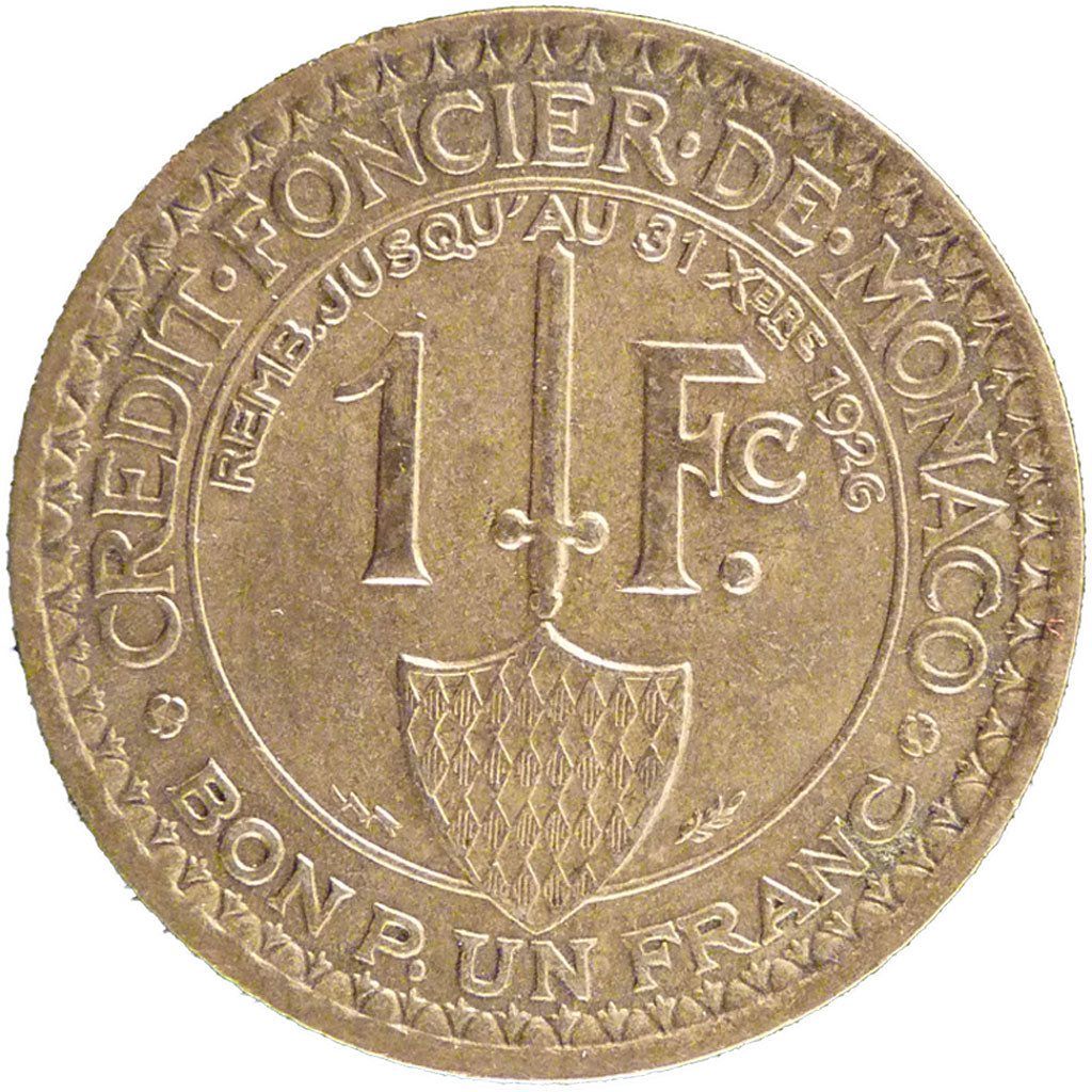 Monaco, 1 Franc, 1924, Poissy, EF(40-45), Aluminium-Bronze, Gadoury #127, 4.10