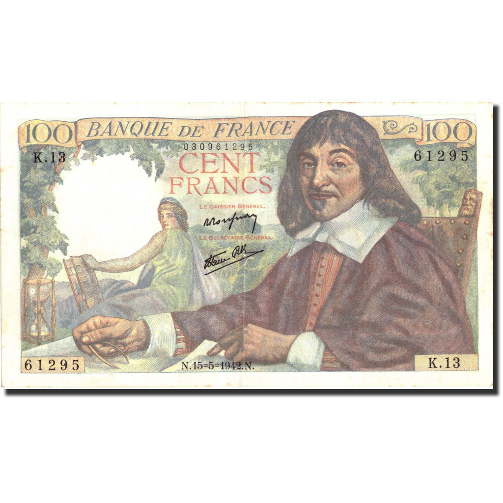 France, 100 Francs, 100 F 1942-1944 ''Descartes'', 1942, KM:101a, 1942-05-15